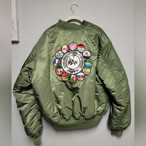 Alpha Industried Flight Jacket Olive Green Multinational Flag Embroidery Size XL